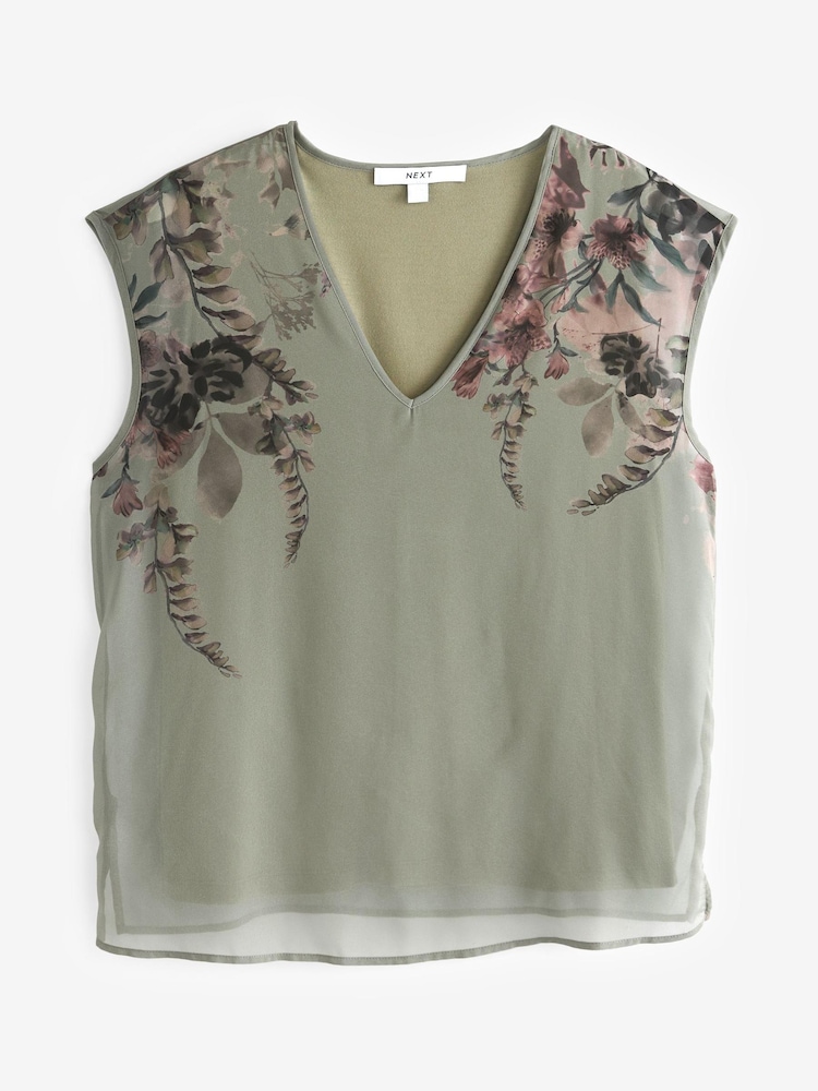 Khaki Green V-Neck Chiffon Layer Sleeveless Vest - Image 5 of 5