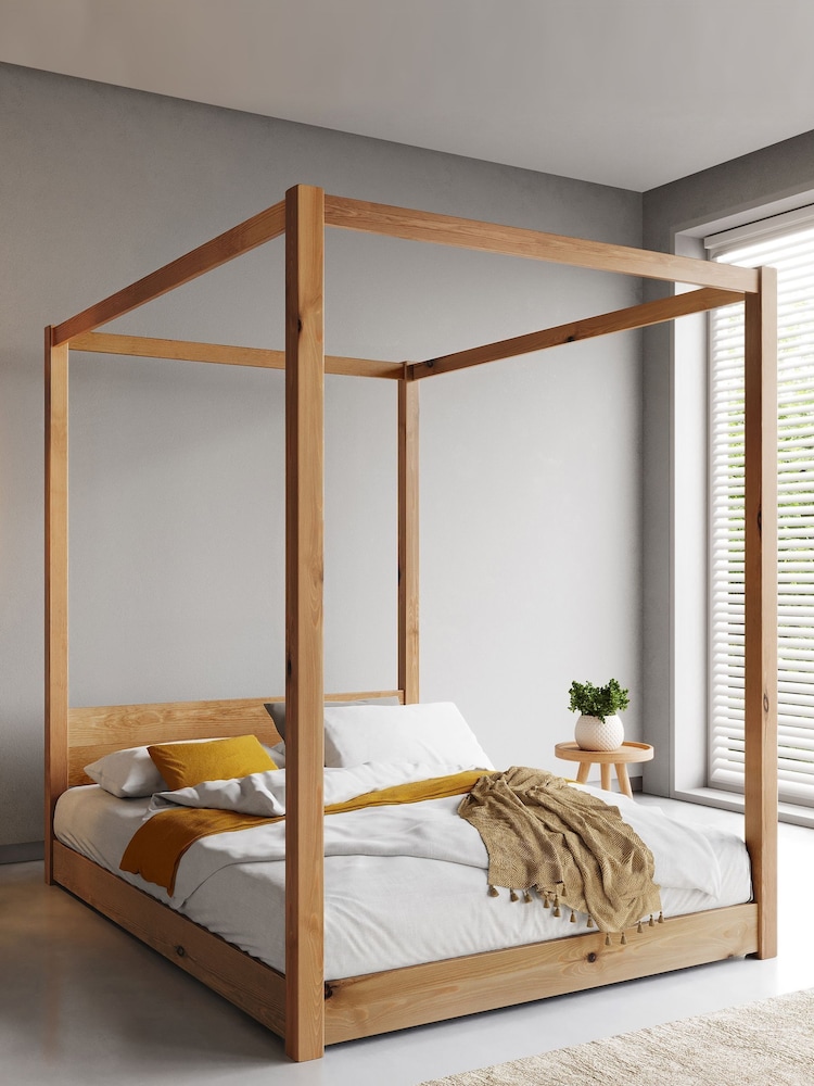 Get Laid Beds Honey Low Four Poster Square Leg Solid Wood Bed - Image 1 of 2