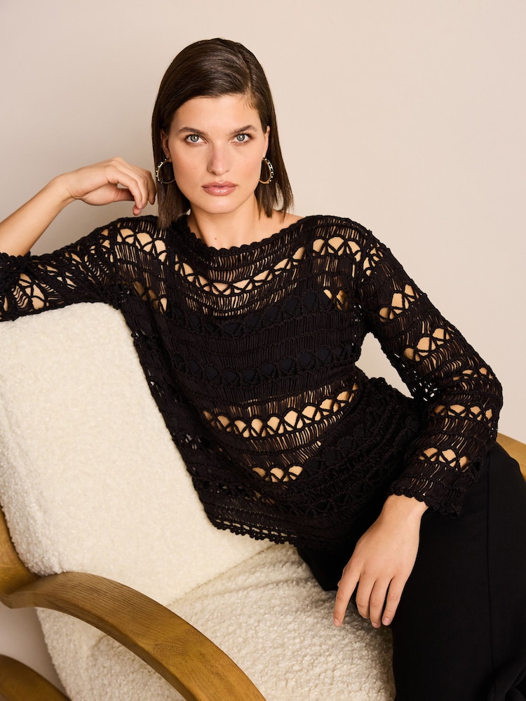 Schwarz - Langärmeliger, weitmaschiger Pullover - Bild 1 von 1