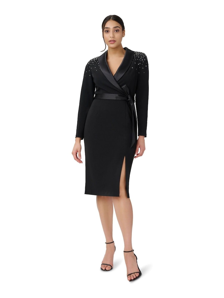 Adrianna Papell Embellished Tuxedo Black Midi Dress - Image 1 of 5