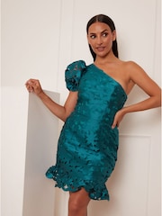 Chi Chi London Green One Shoulder Puff Sleeve Floral Cut Out Mini Dress - Image 4 of 5