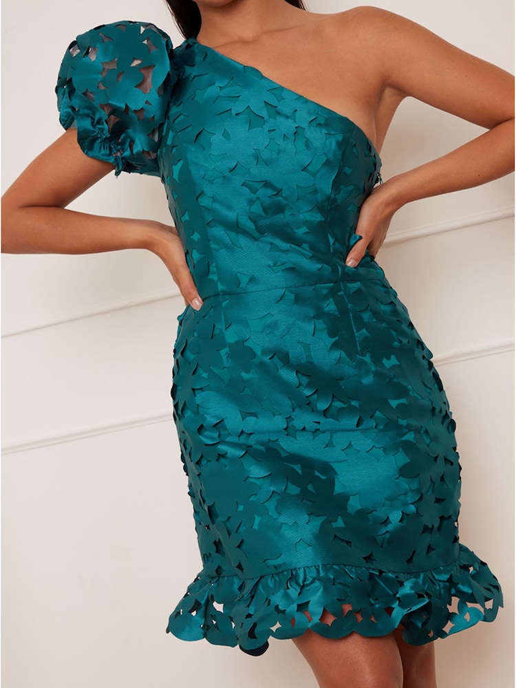 Chi Chi London Green One Shoulder Puff Sleeve Floral Cut Out Mini Dress - Image 5 of 5