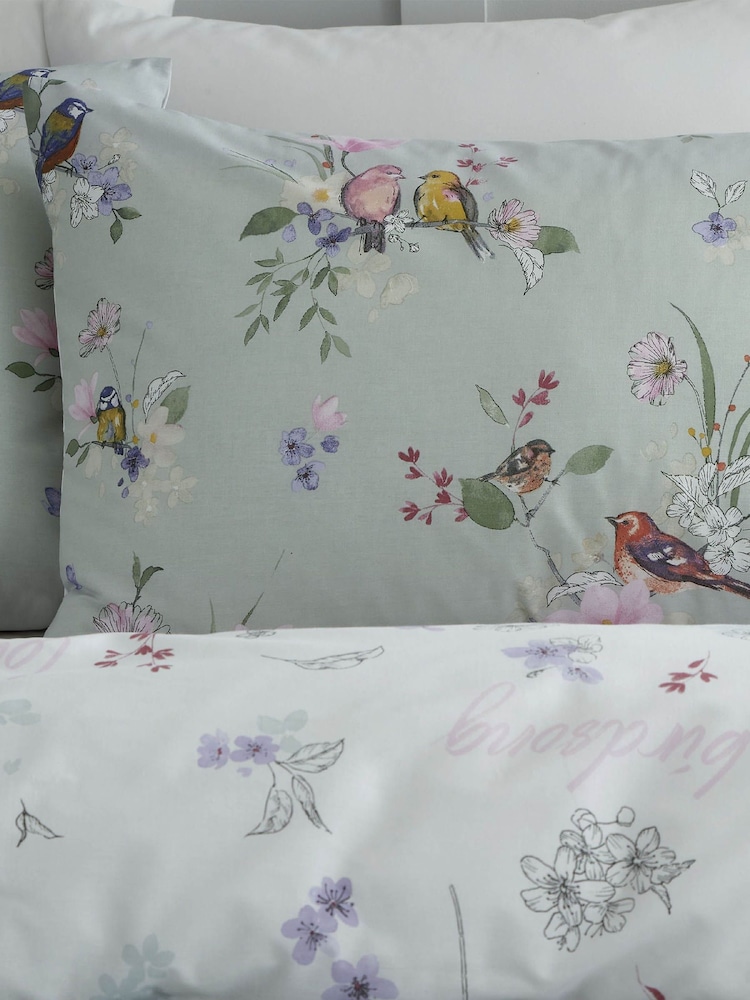 Catherine Lansfield Green Songbird Reversible Duvet Cover and Pillowcase Set - Image 2 of 4