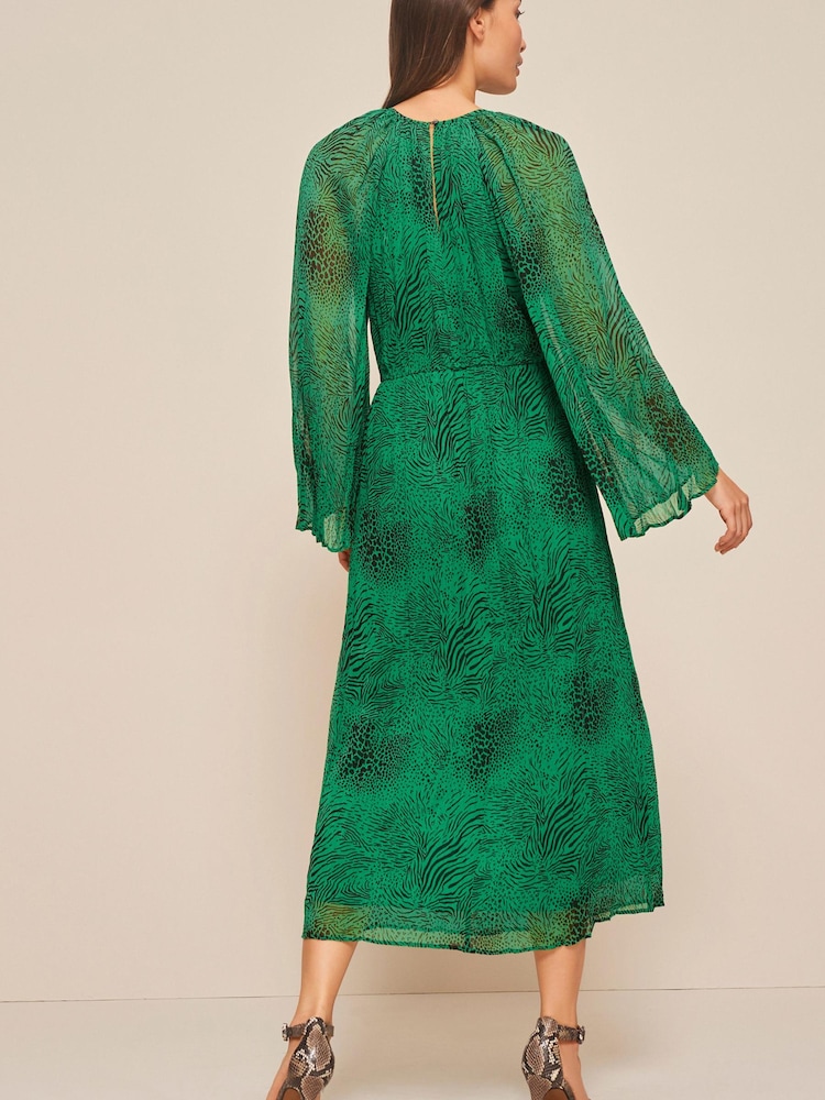 Green Animal Print Long Flared Sleeve Pleated Midi Dress - Image 2 of 4
