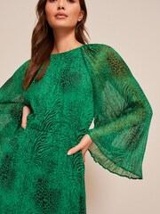 Green Animal Print Long Flared Sleeve Pleated Midi Dress - Image 3 of 4