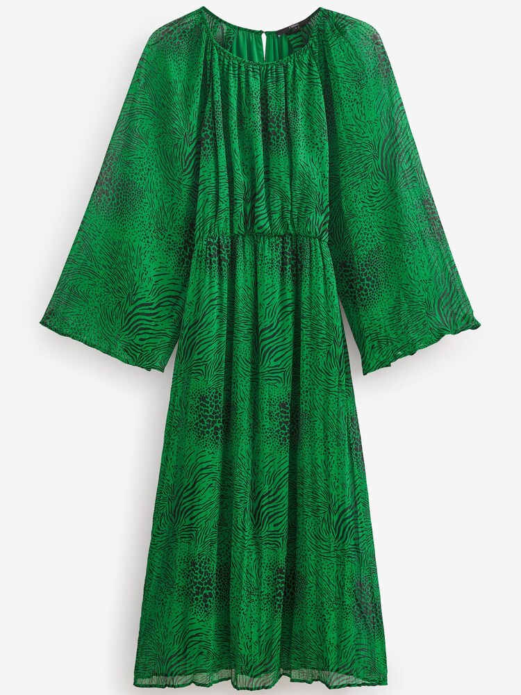 Green Animal Print Long Flared Sleeve Pleated Midi Dress - Image 4 of 4