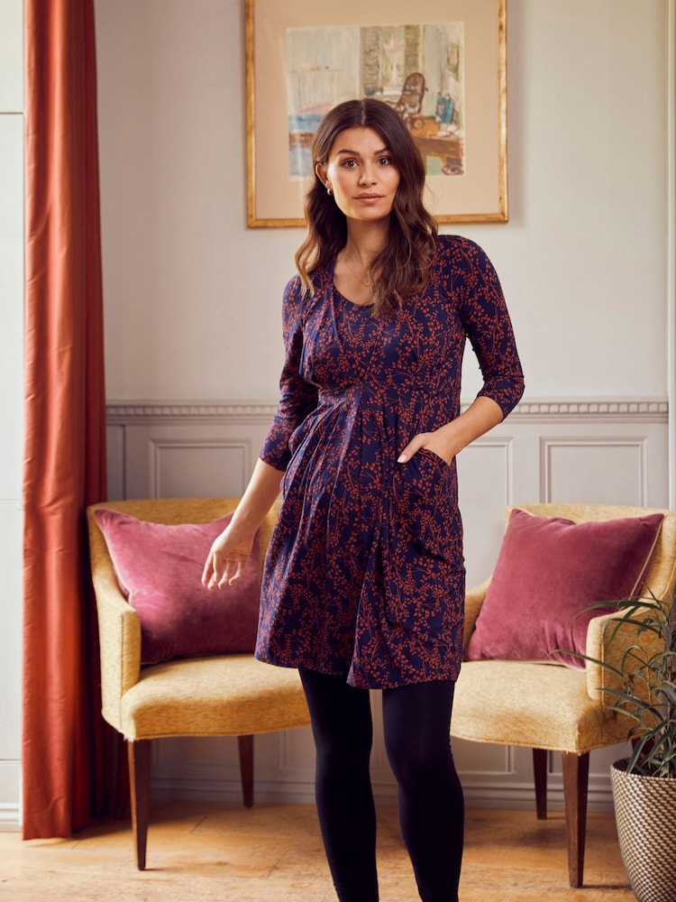 JoJo Maman Bébé Navy Blue Print Jersey Pleated Maternity & Nursing Dress - Image 1 of 4