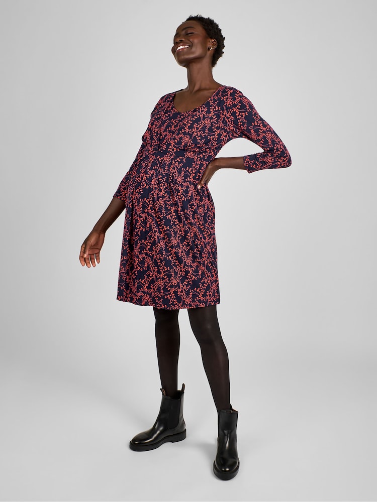 JoJo Maman Bébé Navy Blue Print Jersey Pleated Maternity & Nursing Dress - Image 3 of 4