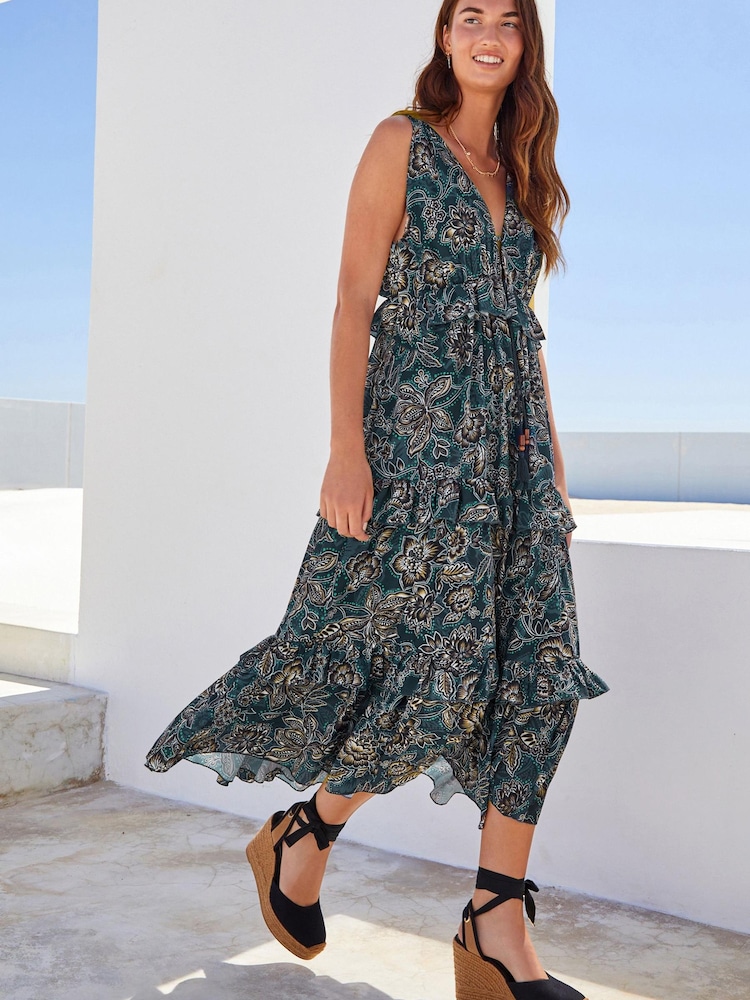 Navy Floral Plunge Frill Midi Summer Dress - Image 1 of 5 Navy Floral Plunge Frill Midi Summer Dress - Image 1 of 5