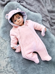 JoJo Maman Bébé Pink Mouse Cosy Velour Pramsuit - Image 1 of 4