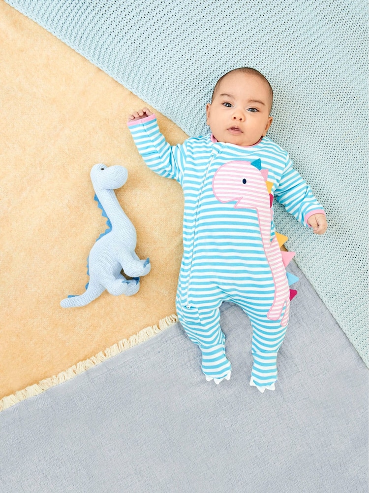 JoJo Maman Bébé Pink Dinosaur Appliqué Zip Cotton Baby Sleepsuit - Image 1 of 4