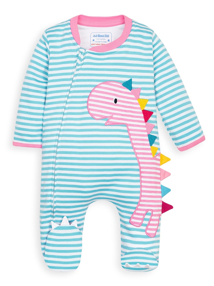 JoJo Maman Bébé Pink Dinosaur Appliqué Zip Cotton Baby Sleepsuit - Image 2 of 4