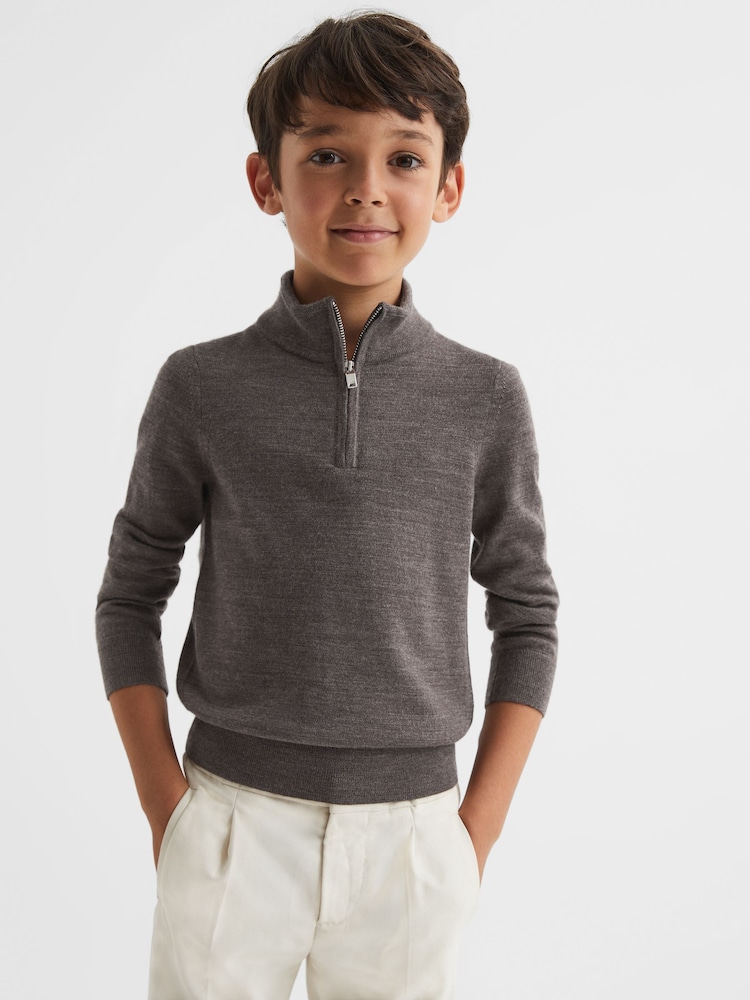 Reiss Mouse Brown Melange Blackhall Zip Up Knitted Jumper - Image 1 of 11