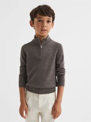 Reiss Mouse Brown Melange Blackhall Zip Up Knitted Jumper - Image 7 of 11