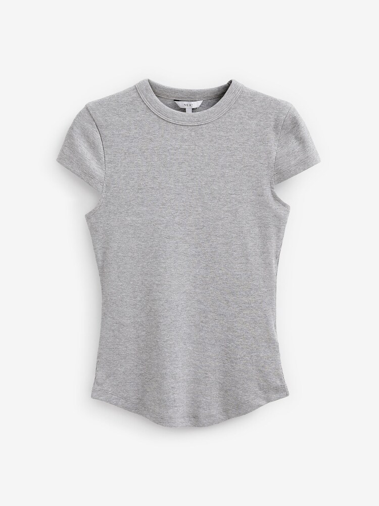 Szary - Ribbed Short Sleeve Curved Neck Top - Image 1 of 1