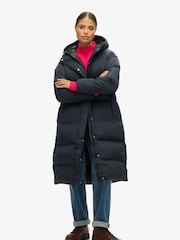 Superdry Blue Hooded Longline Puffer Coat - Image 1 of 6