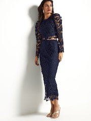 Navy Blue Lace Co-Ord Midi Skirt - Image 1 of 5