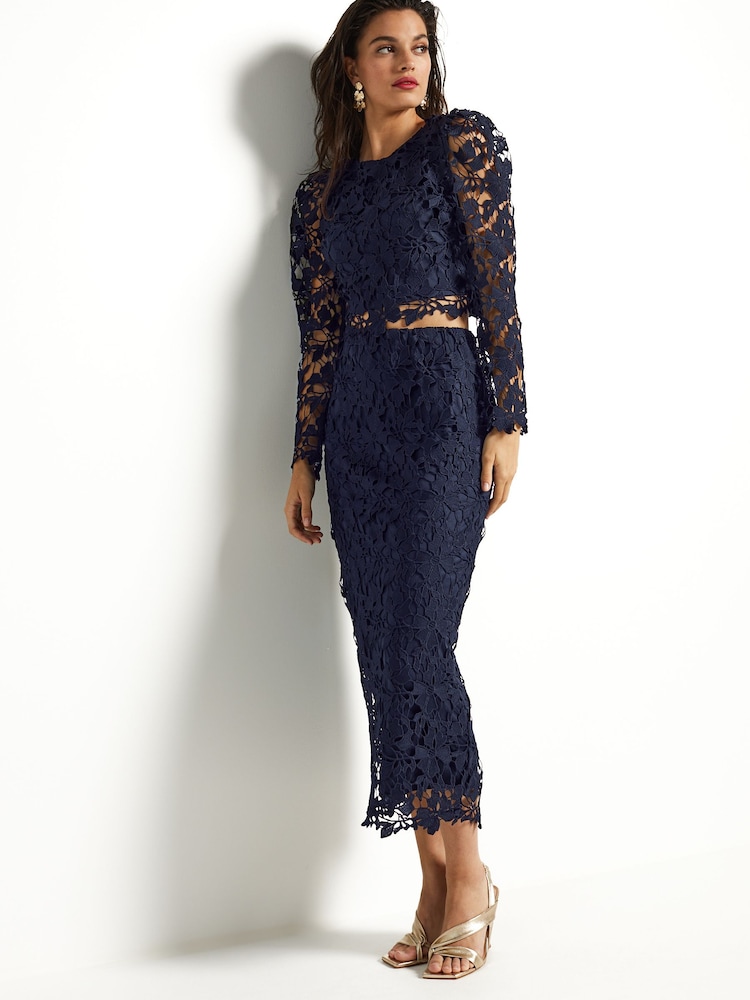 Navy Blue Lace Co-Ord Midi Skirt - Image 1 of 5