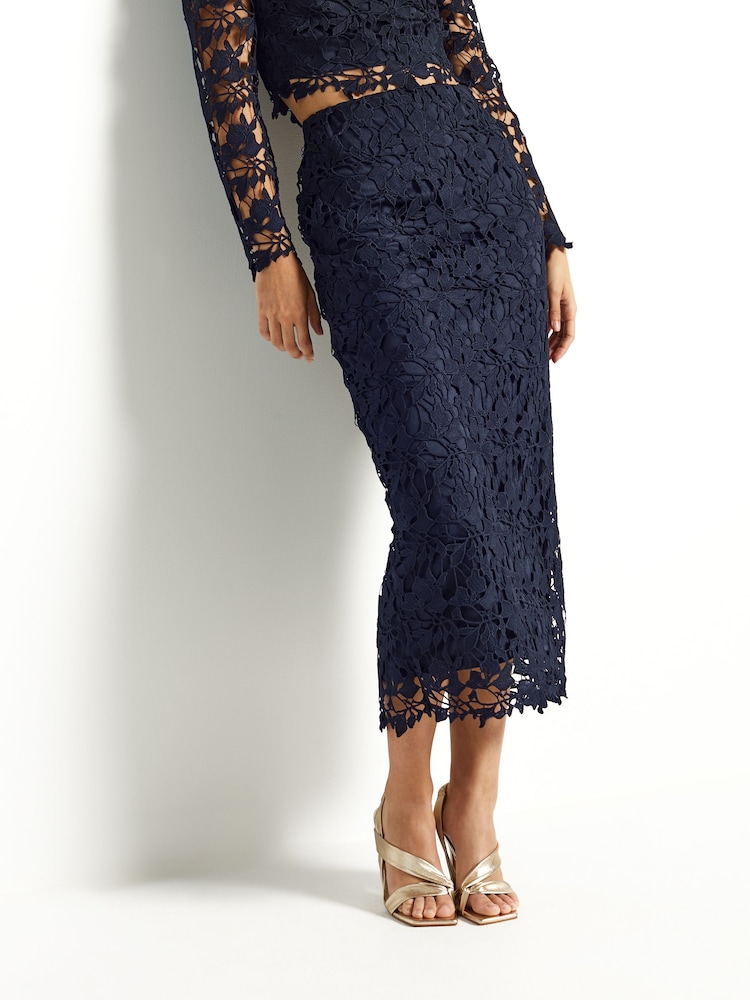 Navy Blue Lace Co-Ord Midi Skirt - Image 2 of 5