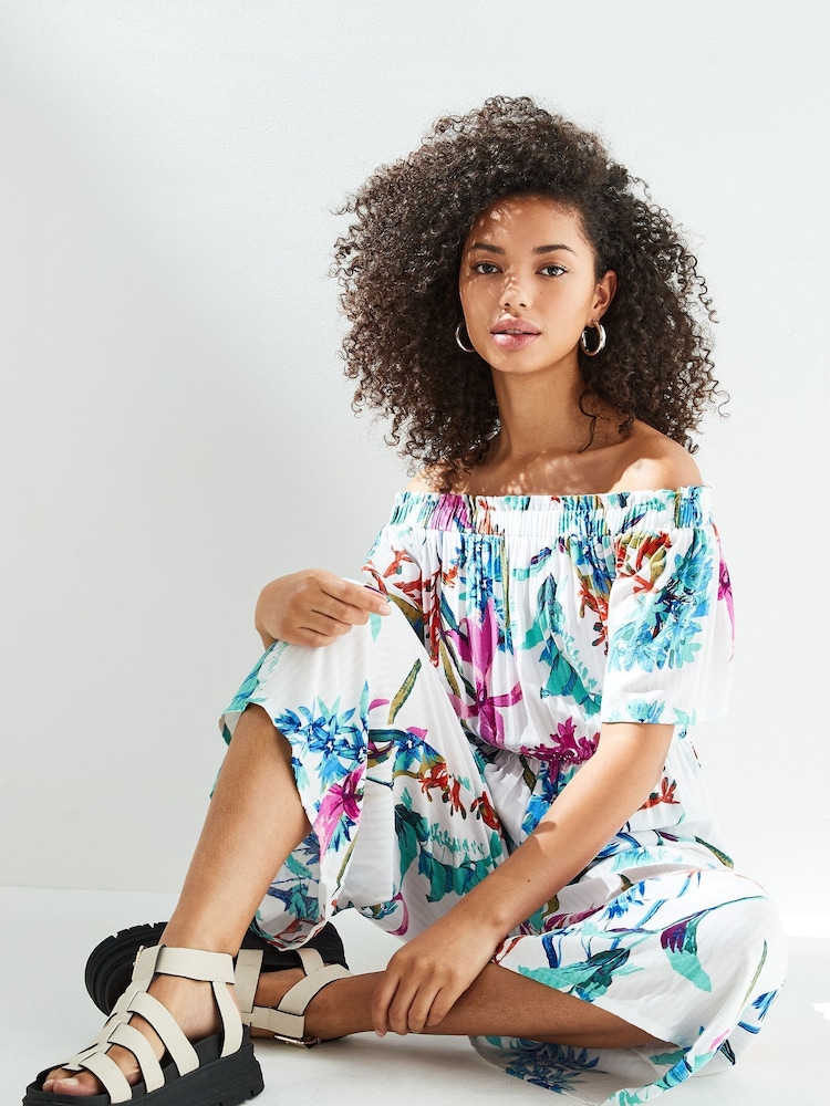 Ecru White Floral Off Shoulder Jumpsuit - Image 3 of 5