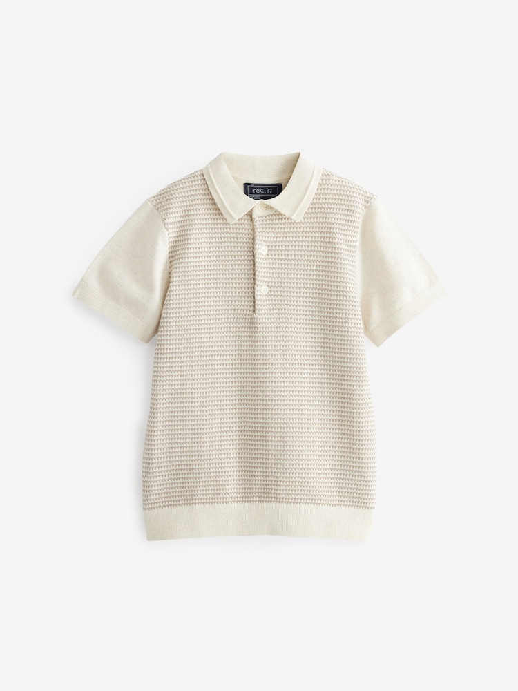 Ecru Cream Knitted Short Sleeve Textured Polo Shirt (3-16yrs) - Image 1 of 2