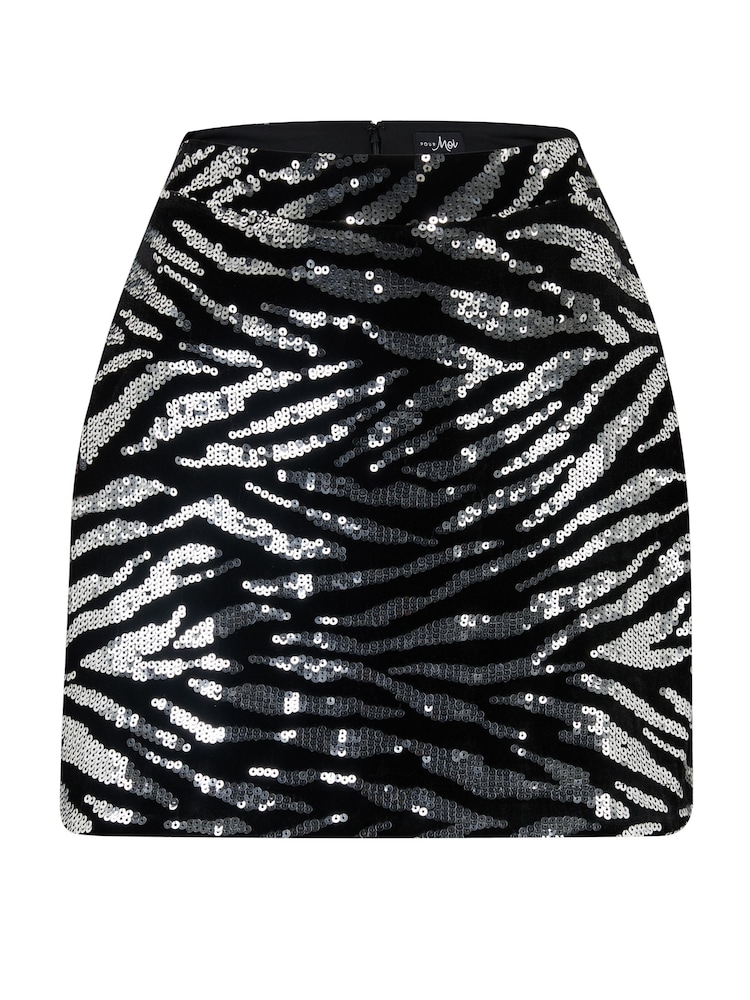 Pour Moi Black Zebra Selena Velvet Sequin Mini Skirt - Image 3 of 4