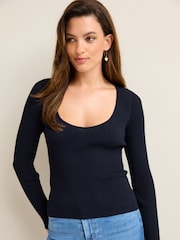 Navy Blue Mesh Detail Ribbed Knitted Top - Image 1 of 6