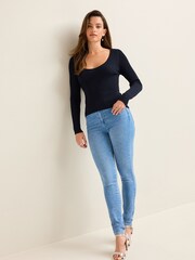 Navy Blue Mesh Detail Ribbed Knitted Top - Image 2 of 6
