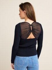 Navy Blue Mesh Detail Ribbed Knitted Top - Image 3 of 6