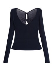 Navy Blue Mesh Detail Ribbed Knitted Top - Image 5 of 6