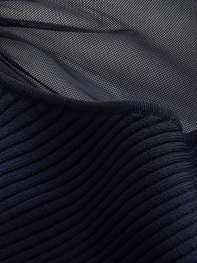 Navy Blue Mesh Detail Ribbed Knitted Top - Image 6 of 6