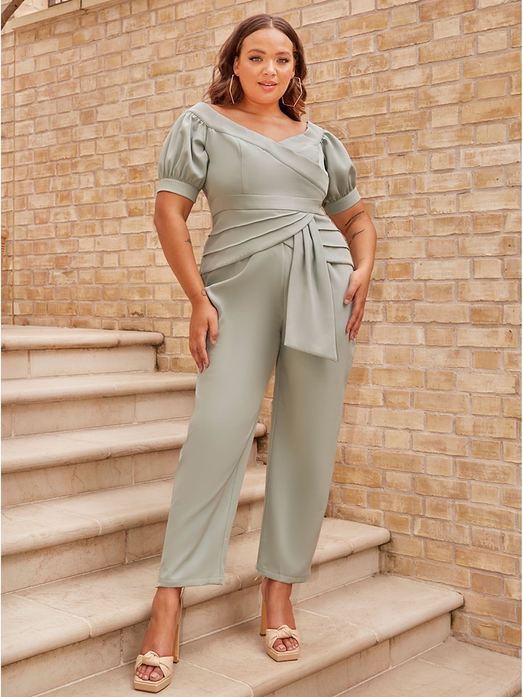 Chi Chi London Green Curve Puff Sleeve Bardot Jumpsuit - Image 1 of 5