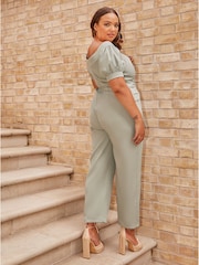 Chi Chi London Green Curve Puff Sleeve Bardot Jumpsuit - Image 2 of 5