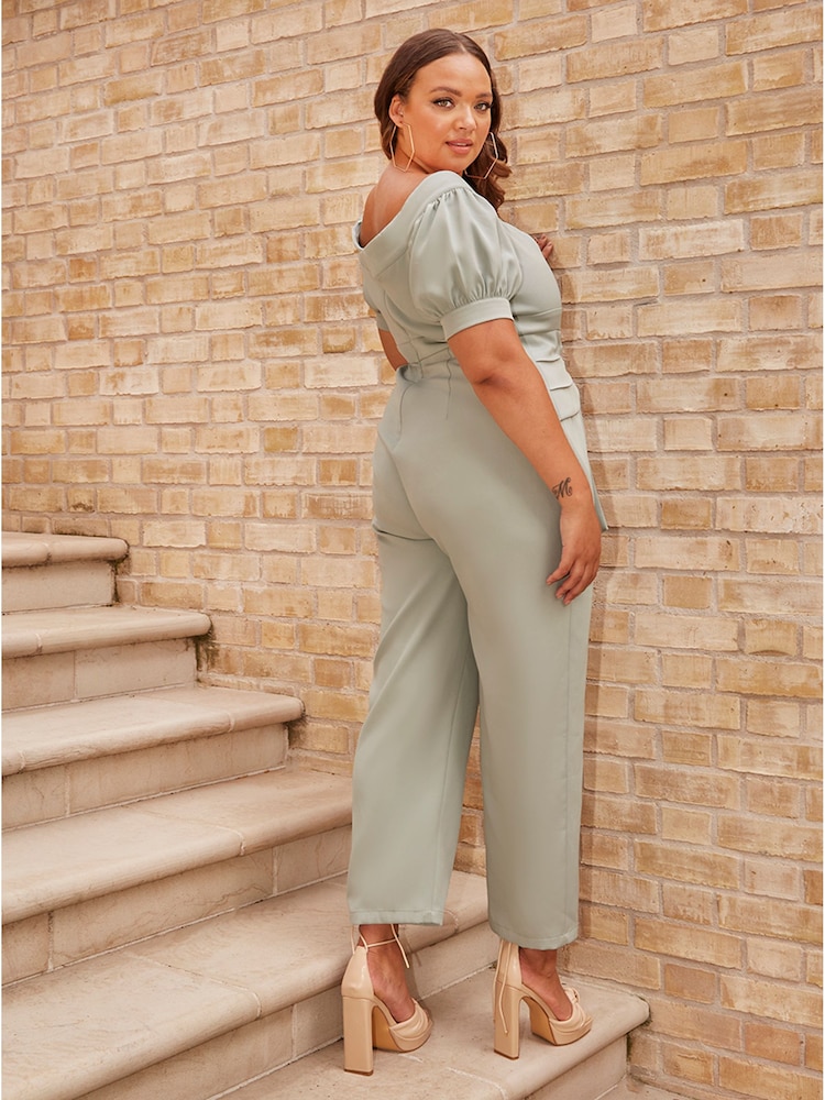 Chi Chi London Green Curve Puff Sleeve Bardot Jumpsuit - Image 2 of 5
