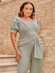 Chi Chi London Green Curve Puff Sleeve Bardot Jumpsuit - Image 3 of 5