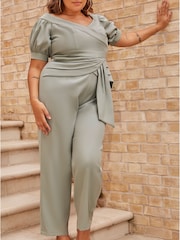 Chi Chi London Green Curve Puff Sleeve Bardot Jumpsuit - Image 4 of 5