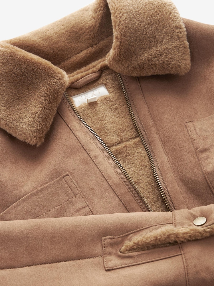 Tan Brown Faux Shearling Lined Shacket - Image 6 of 7
