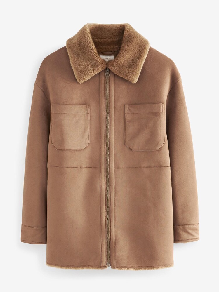 Tan Brown Faux Shearling Lined Shacket - Image 7 of 7