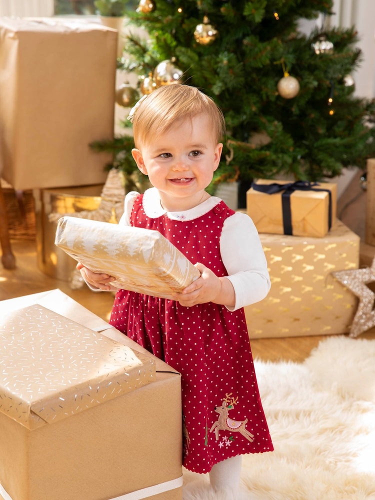 JoJo Maman Bébé Red Reindeer Appliqué Cord Dress - Image 1 of 4