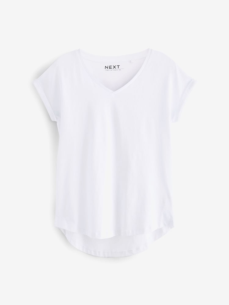 White Shallow V-Neck 100% Cotton Rich Cap Sleeve T-Shirt - Image 5 of 6