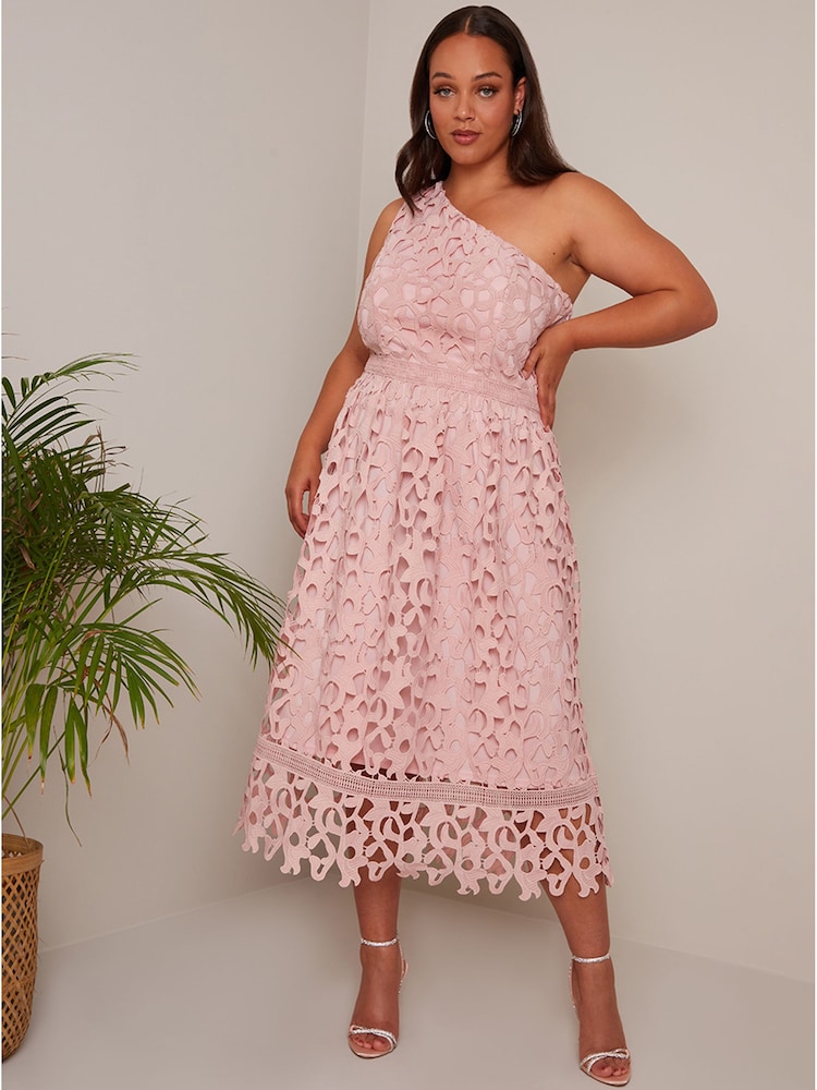 Chi Chi London Pink Curve One Shoulder Premium Lace Midi Dress - Image 1 of 4