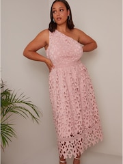 Chi Chi London Pink Curve One Shoulder Premium Lace Midi Dress - Image 3 of 4