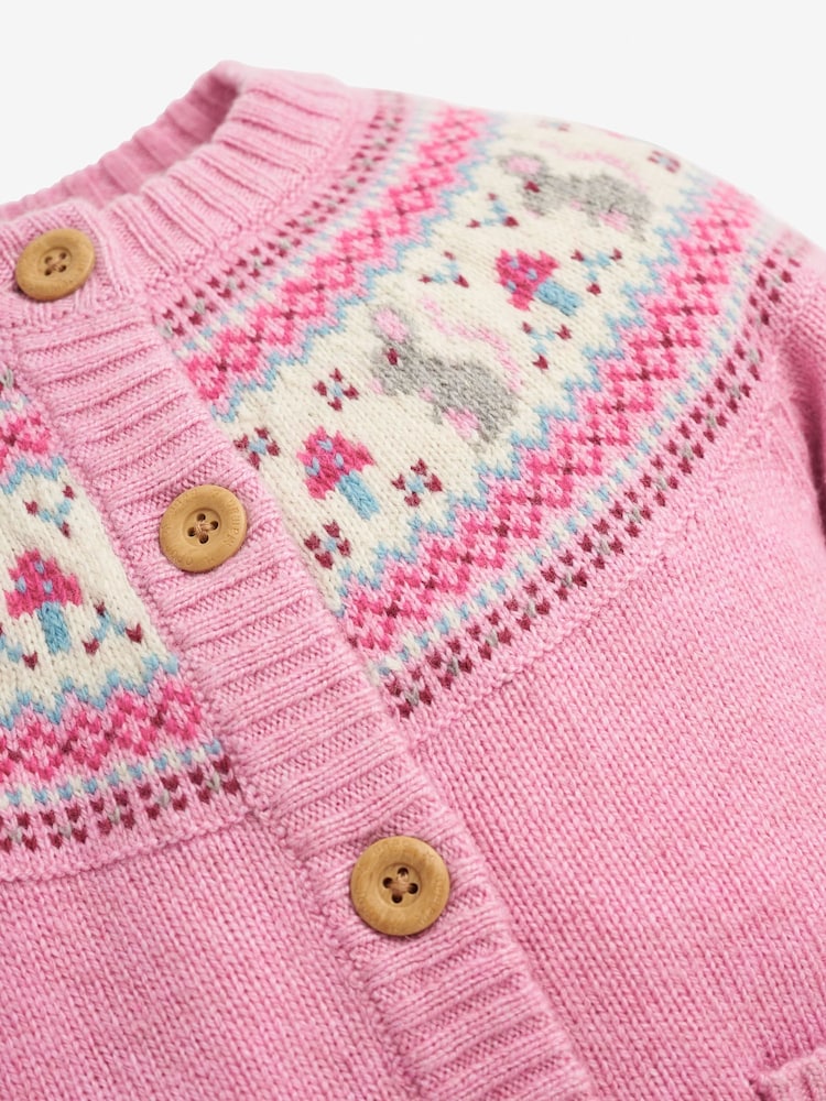 JoJo Maman Bébé Pink Mouse Fairisle Pattern Cardigan - Image 4 of 4 JoJo Maman Bébé Pink Mouse Fairisle Pattern Cardigan - Image 4 of 4