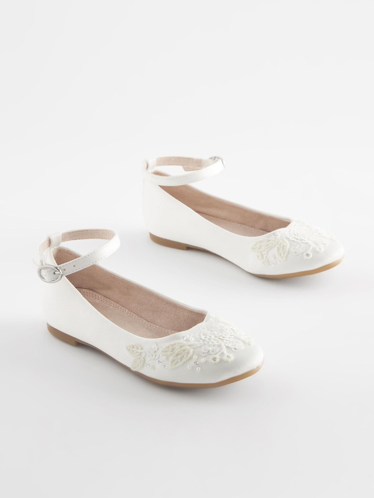 Ivory Satin Floral Embellished Mary Jane Occasion Shoes - Image 1 of 6