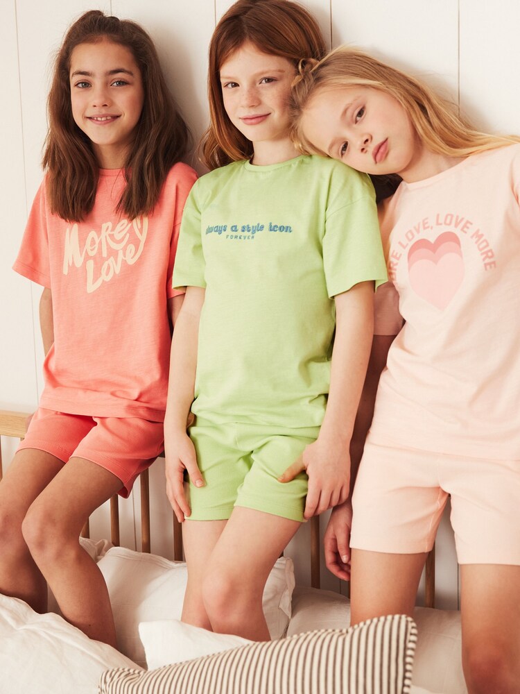 Orange/Pink/Green Slogan 3 Pack Short Pyjamas (3-16yrs) - Image 1 of 5