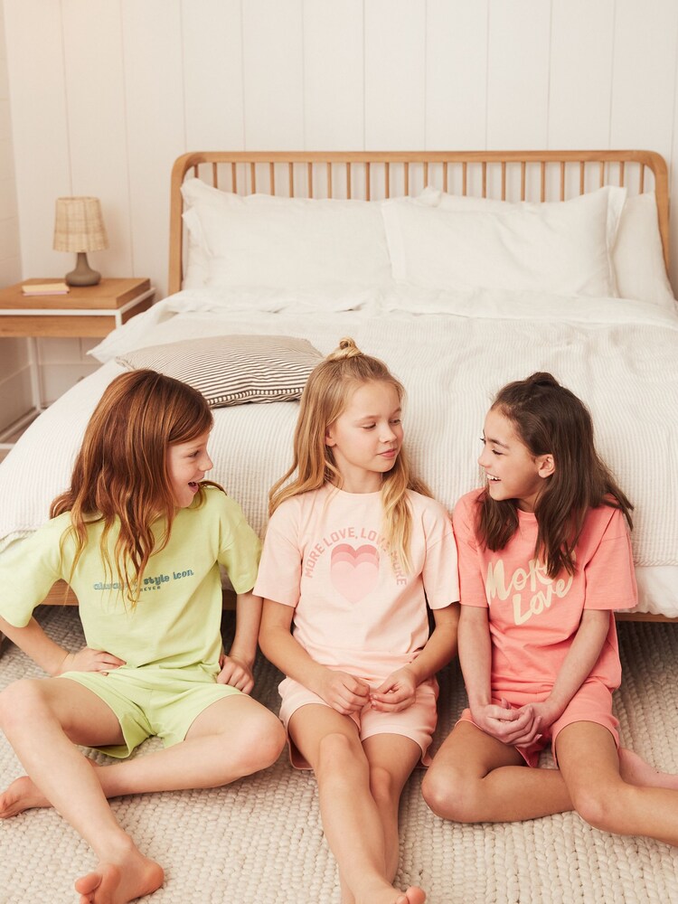 Orange/Pink/Green Slogan 3 Pack Short Pyjamas (3-16yrs) - Image 2 of 5