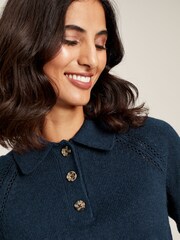 Joules Mia Navy Blue Pointelle Jumper With Collar - Image 3 of 6