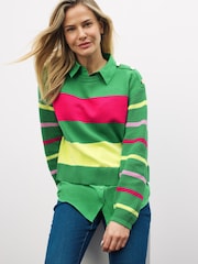 Hellgrün gestreift - Pullover mit Hemdeinsatz, Kragen und Schulterknopf - Bild 1 von 5