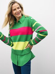 Hellgrün gestreift - Pullover mit Hemdeinsatz, Kragen und Schulterknopf - Bild 3 von 5