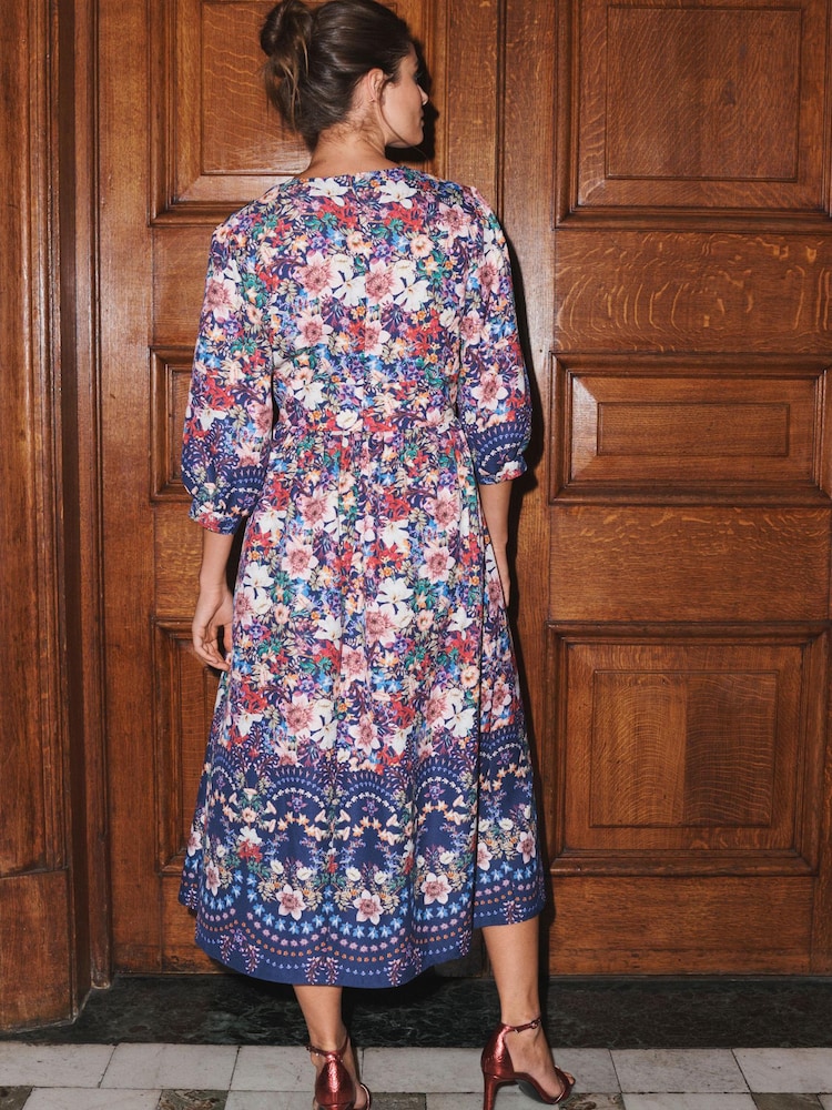 Acheter Bleu marine à fleurs Robe mi-longue à manches